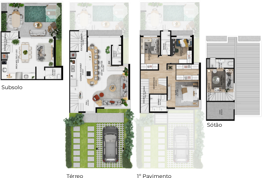Planta Sobrado Living e Suíte Estendidos com Subsolo